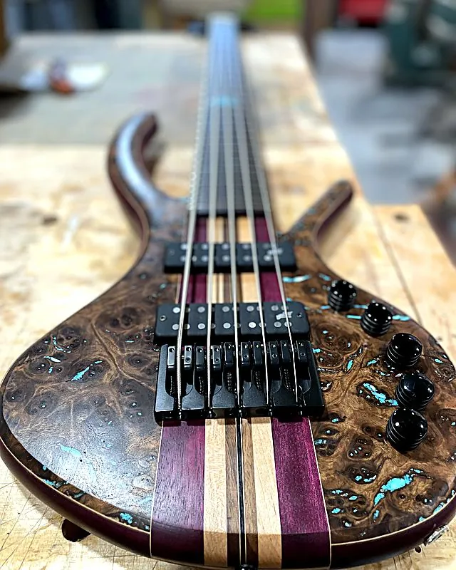 A custom bass guitar Russ built